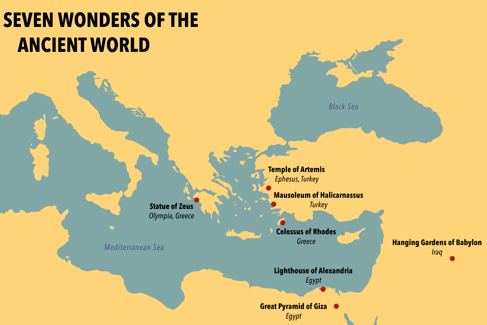 Ancient wonders of the world map A map showing the locations of the ancient wonders of the world