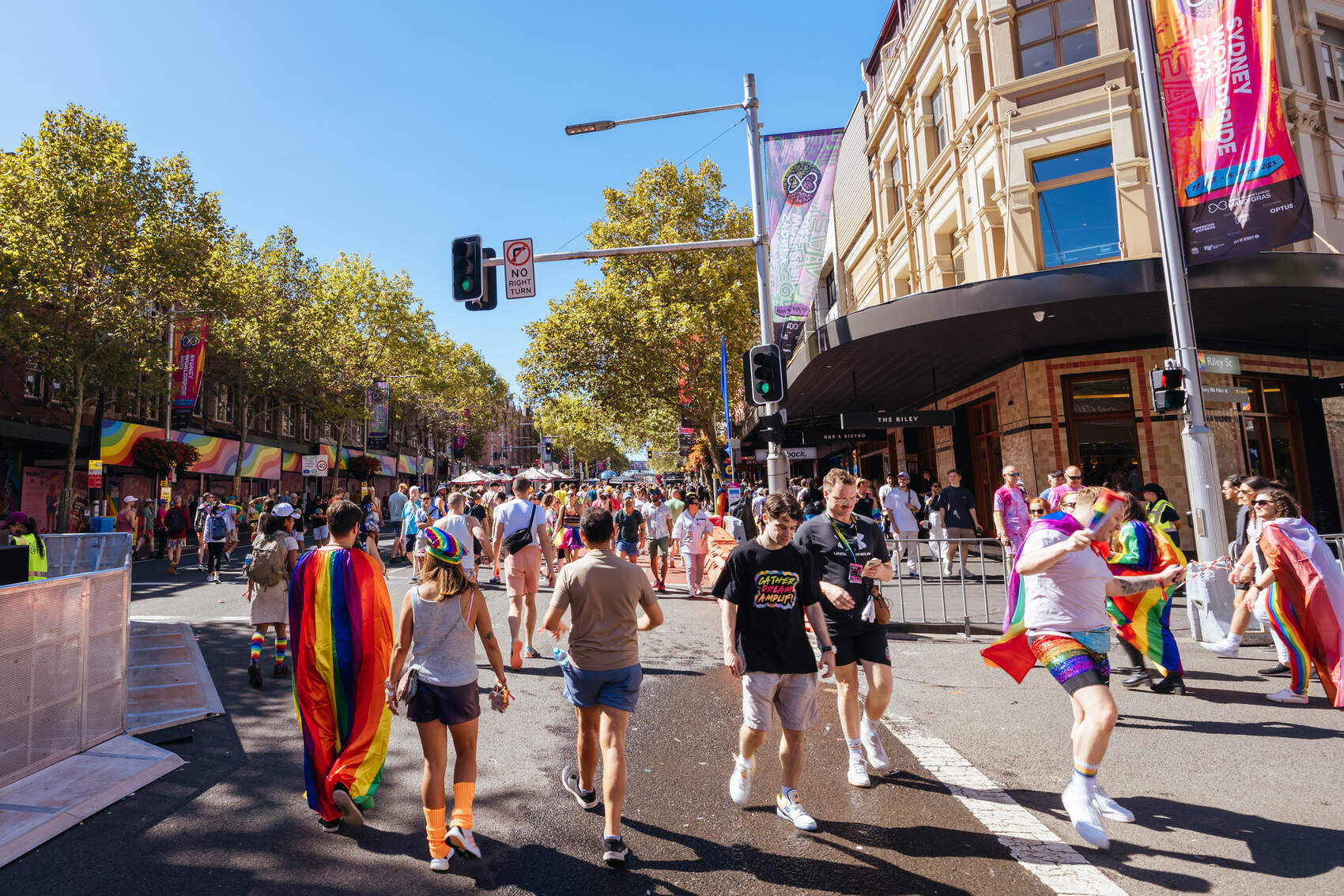 Groups of people wandering through Oxford Street in Sydney, Australia