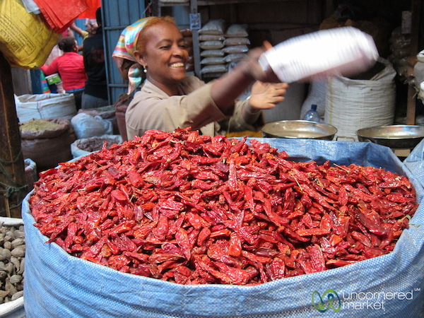 <p>Piles of small peppers used for making <em>mitmita</em> at the <em>Merkato</em> in Addis Ababa.</p> Piles of small peppers used for making mitmita at the Merkato in Addis Ababa.