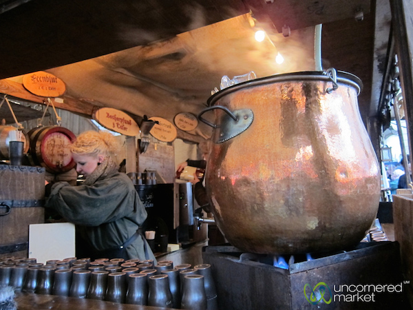 Making glühwein (spiced wine) the old fashioned way at Esslingen. 