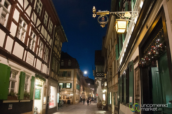 All of Bamberg’s medieval streets are decorated for Christmas.