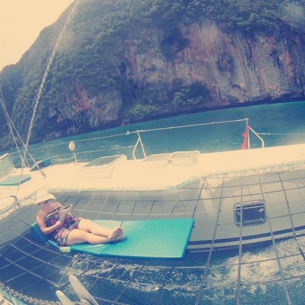 reading on the catamarin deck