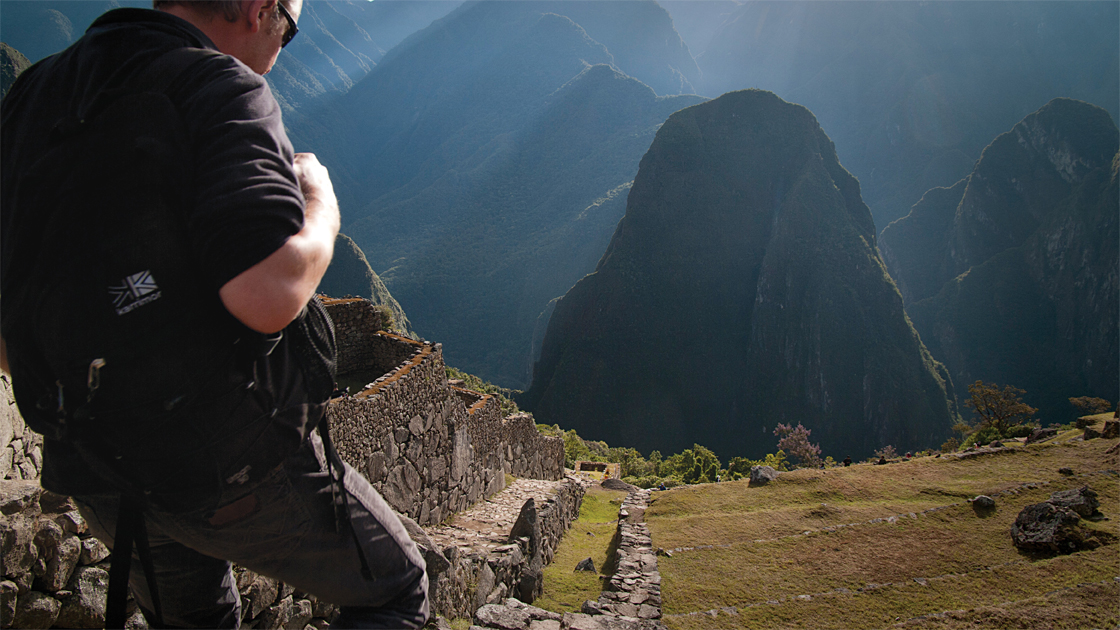 Day-hikers descend one of many stone staircases along the Inca Trail. 