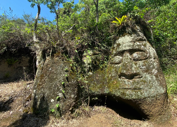 an Inca style rock carving by settler Heinz Wittmer still calls Floreana home