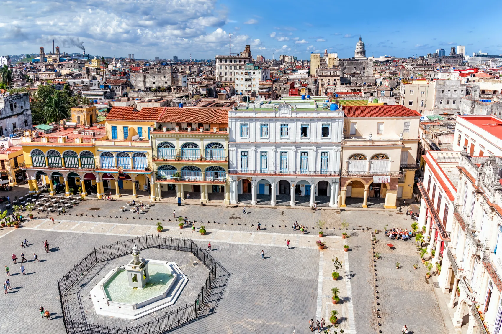 Aerial view of people walking in Plaza Vieja in Havana