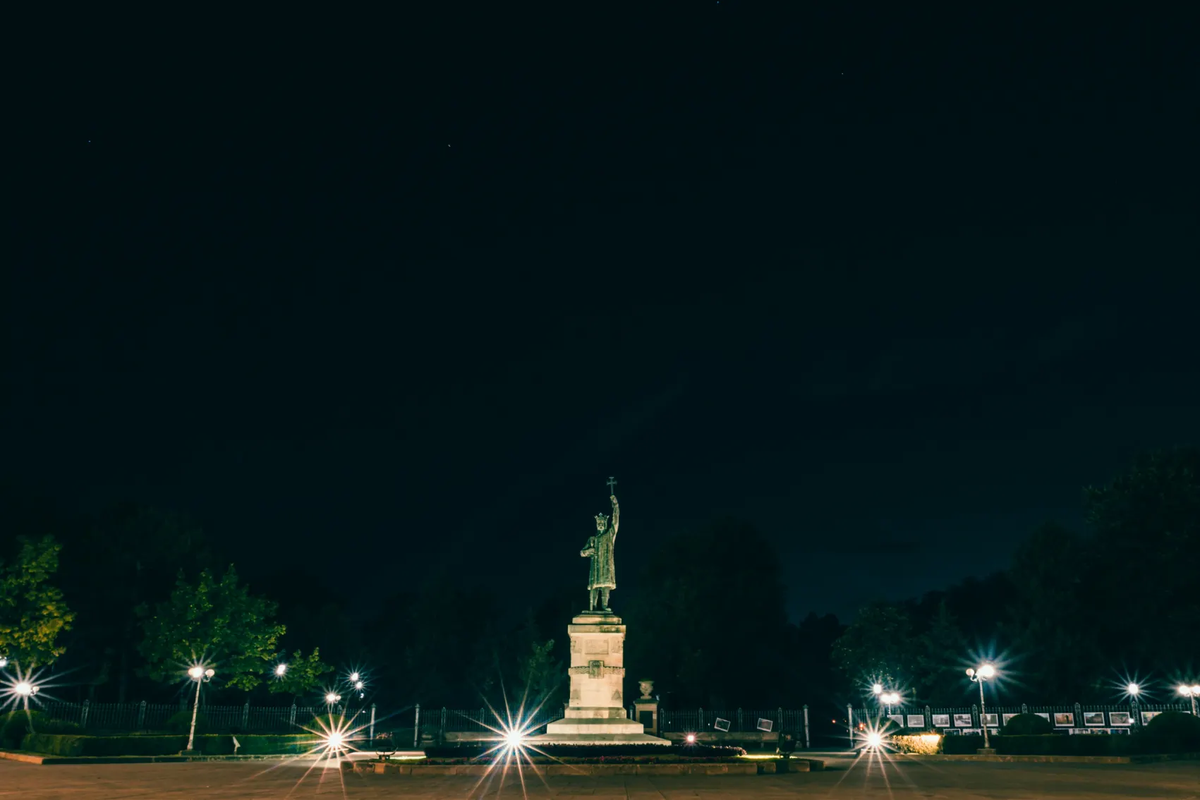 The statue of Stephen the Great stands out in the dark night in Chisinau Moldova