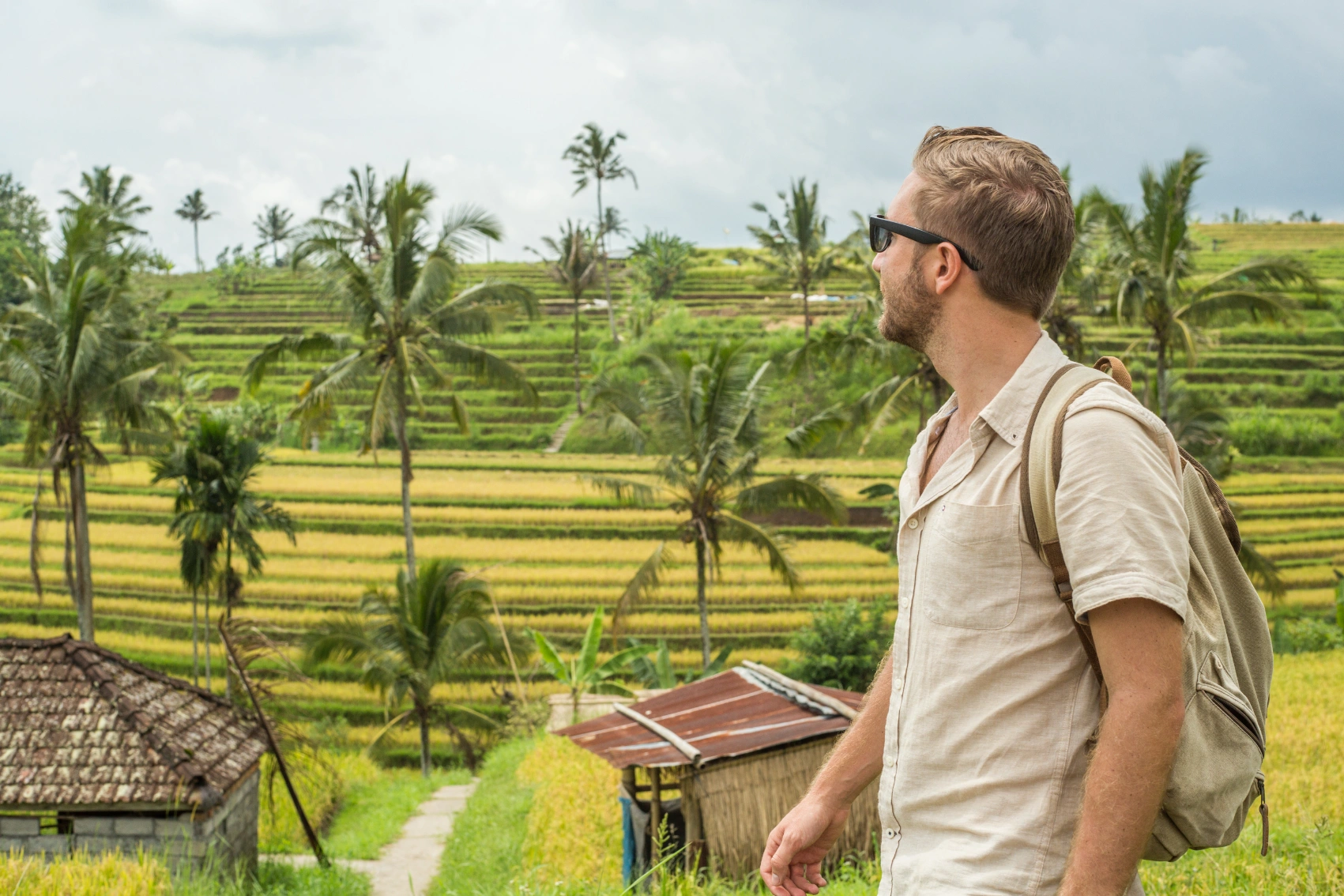 Jatiluwih Rice Terraces, Bali A man looks out at the green and gold landscape at Jatiluwih Rice Terraces, Bali