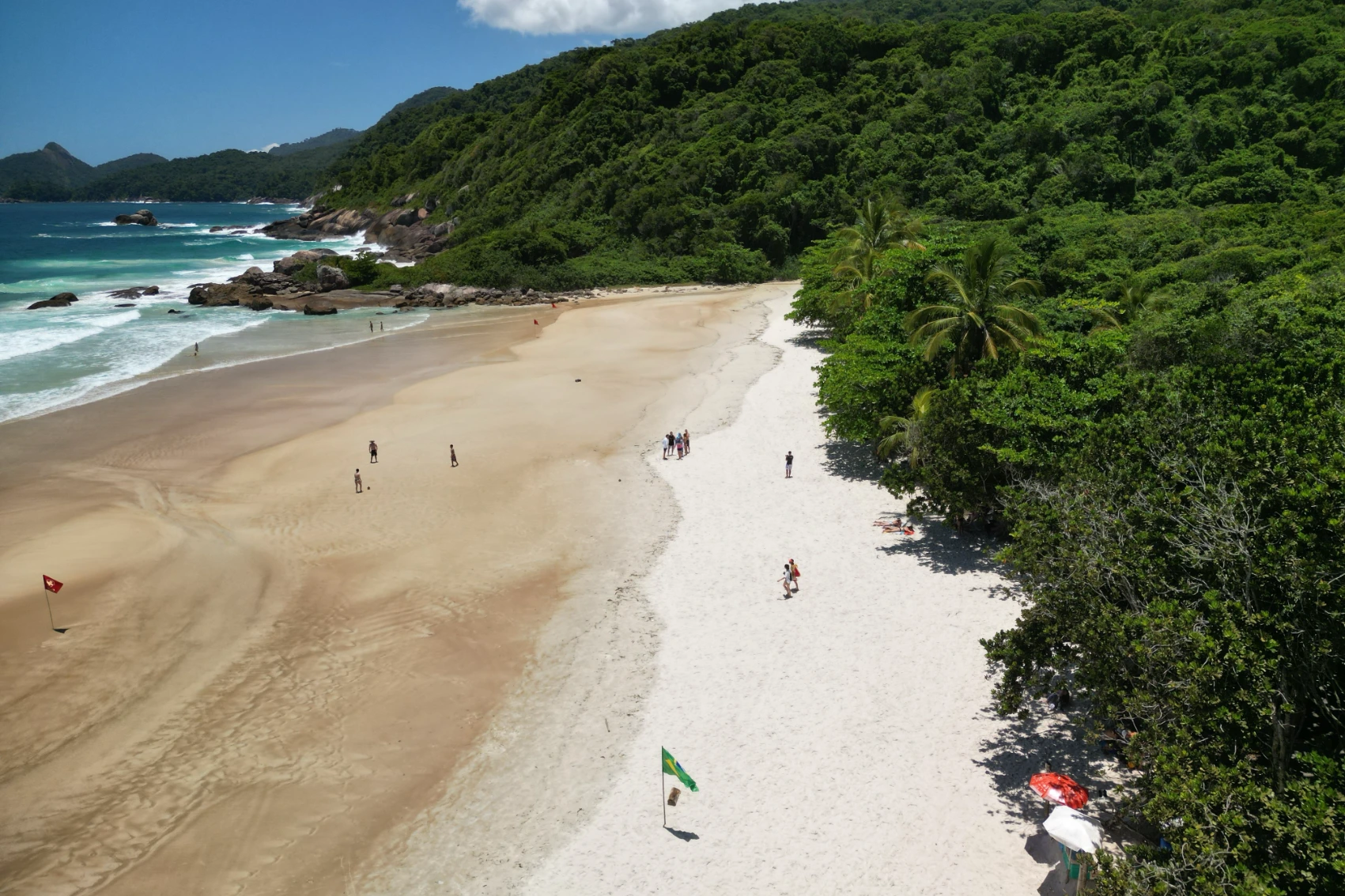 Aerial view of people walking along the beach at Lopes Mendes, Brazil