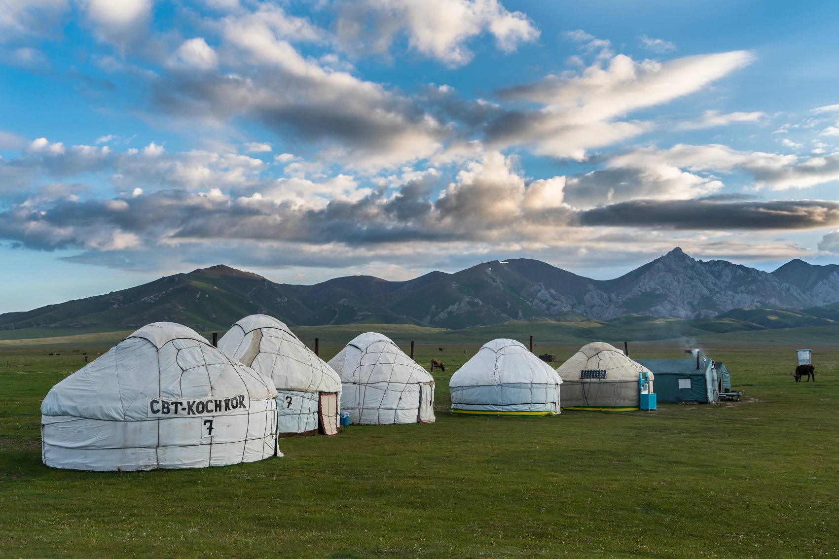 Yurts sit among purple-green mountains at Song-Köl, Kyrgyzstan