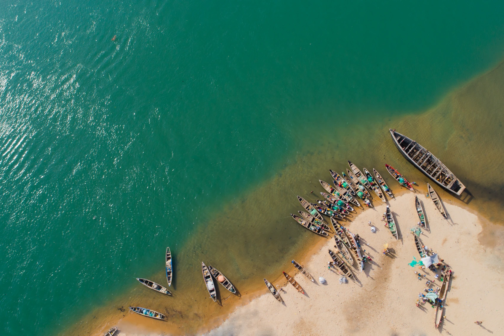 Aerial view of boats on the beach in Cotonou, Benin