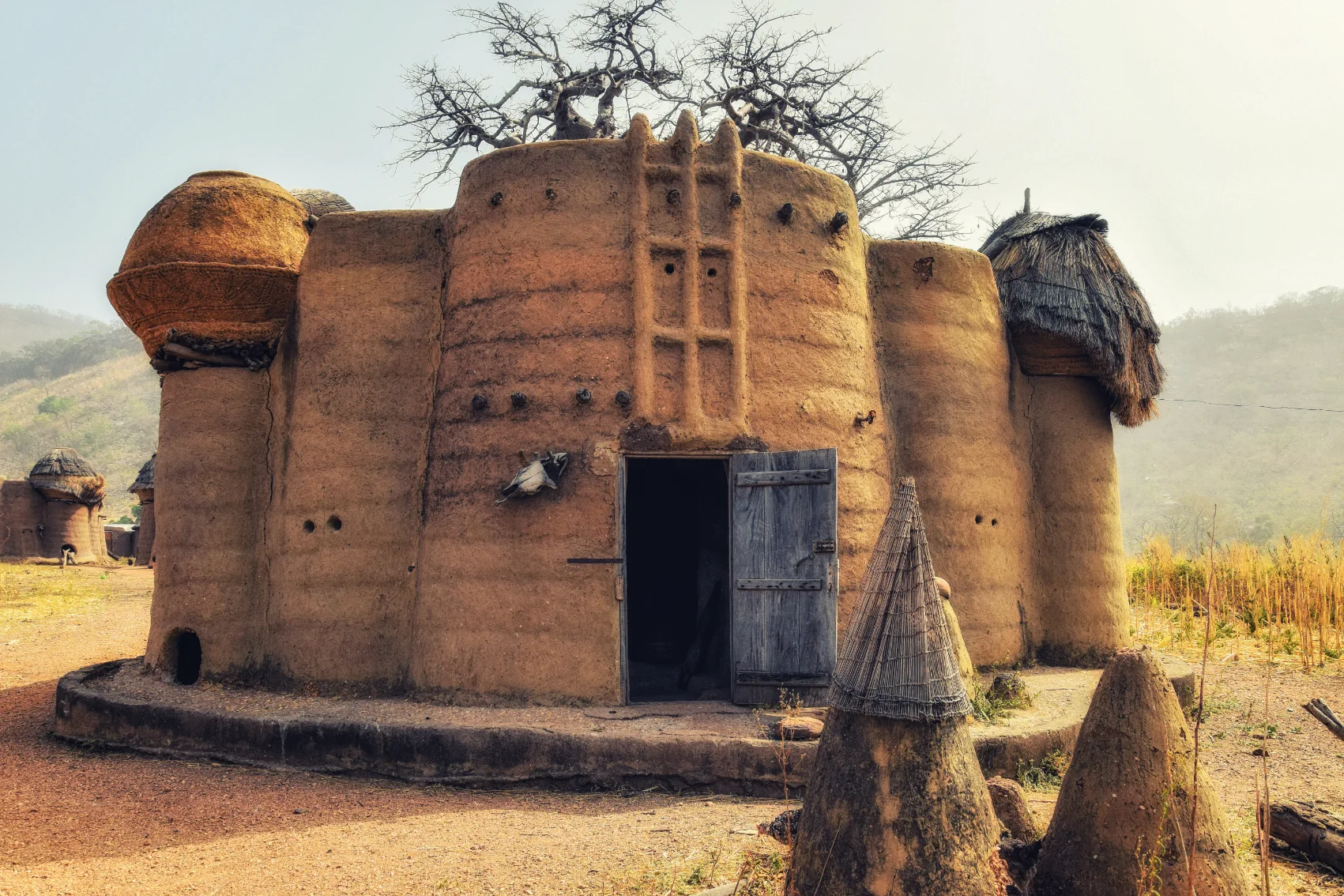 Traditional Tata Somba house with thatched roofs and granaries