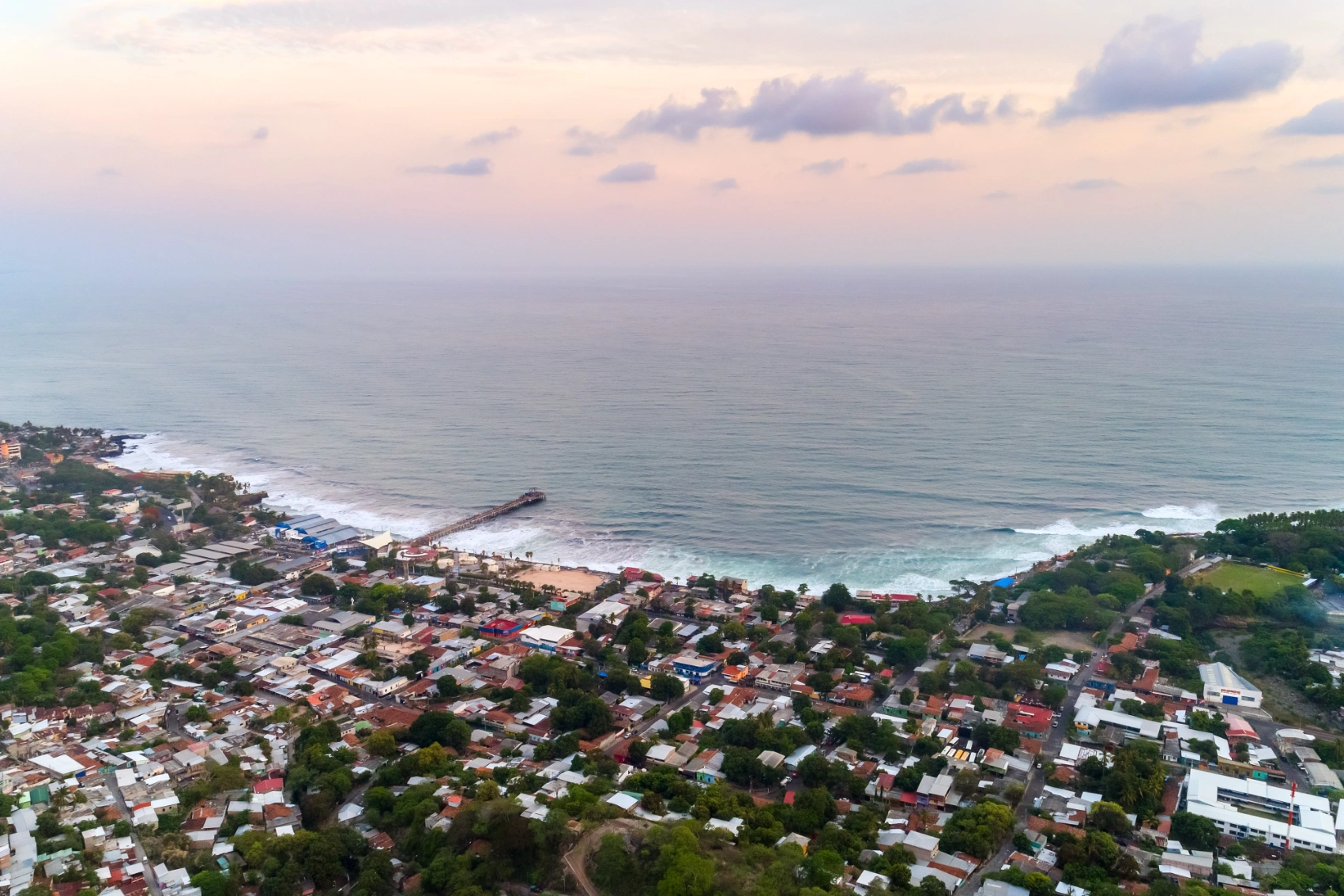 Punta Roca, El Salvador Aerial view of La Libertad town and Punta Roca beach in El Salvador