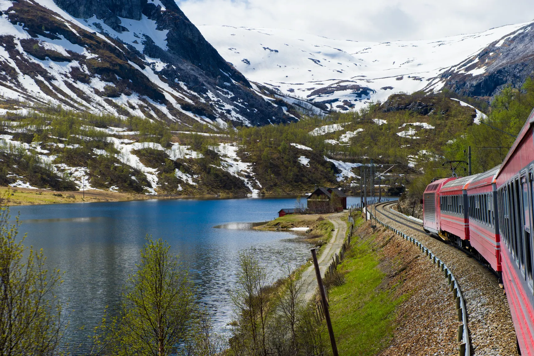 Bergensbanen train from Oslo to Bergen in a snowy, mountainous landscape in Norway