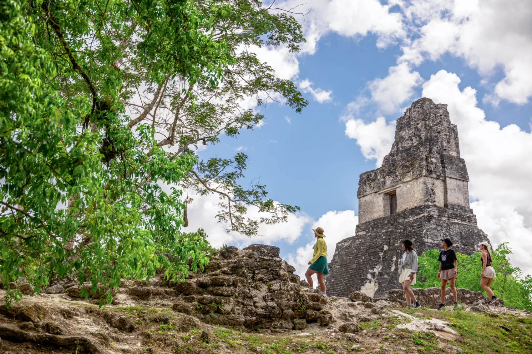 Tikal, Guatemala Travellers hike around the ancient ruins of Tikal in Guatemala