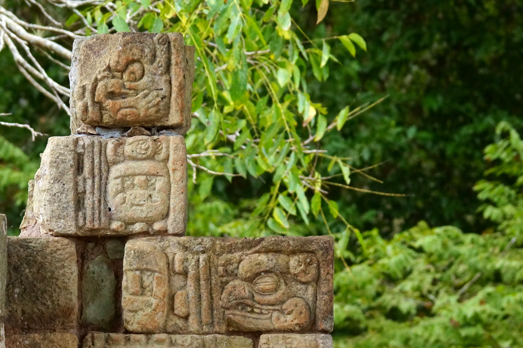 Stacked, carved stones at the Copán ruins in Honduras