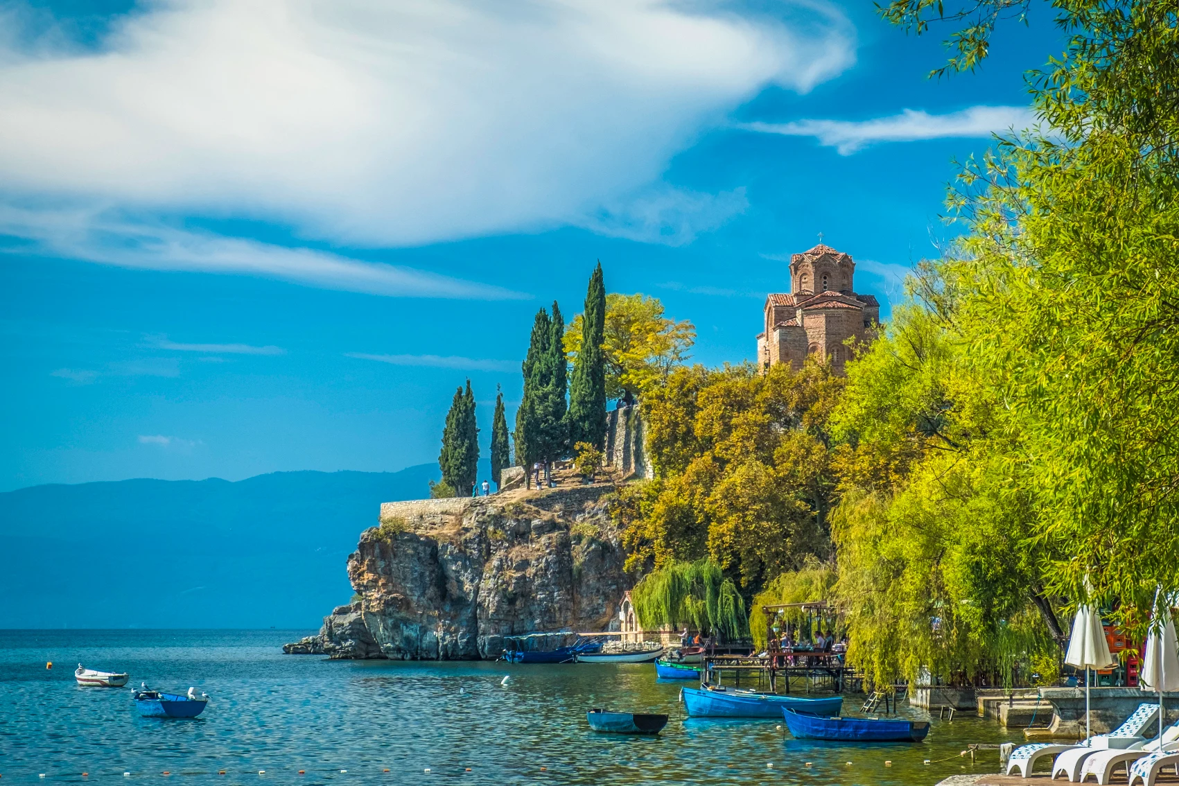 Church of St John at Kaneo as seen from the waters of Lake Ohrid, North Macedonia