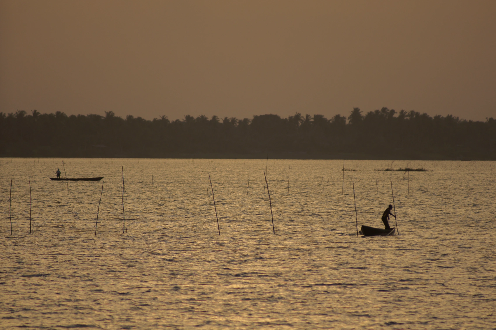 Fishers in traditional dugout canoes on Lake Togo at dusk