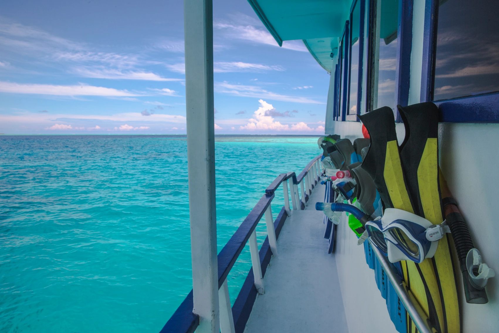 Maldives Snorkels and flippers on a boat in the Maldives