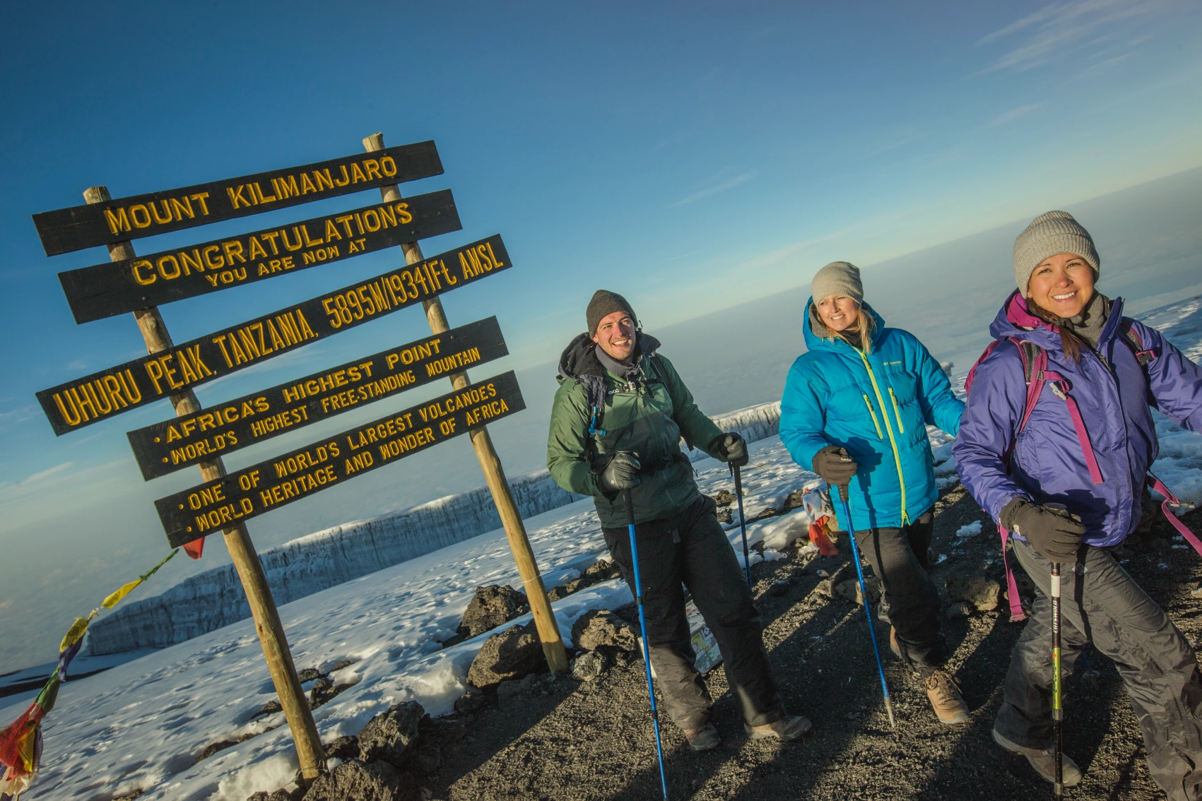 Mt Kilimanjaro Trek A group of hikers in front of the sign at the summit of Mt Kilimanjaro