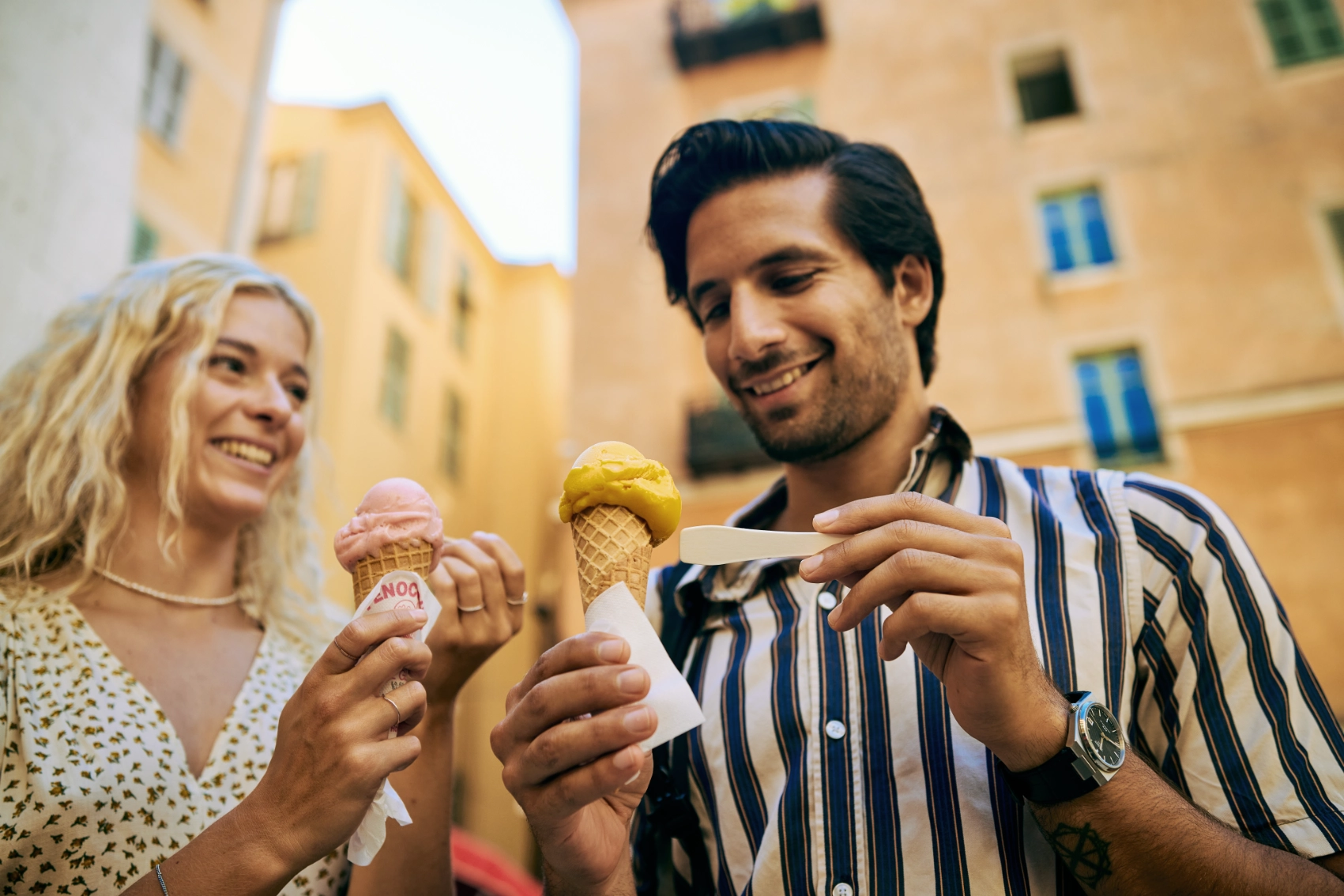 Nice, France A couple eats gelato in the Old Town of Nice, France