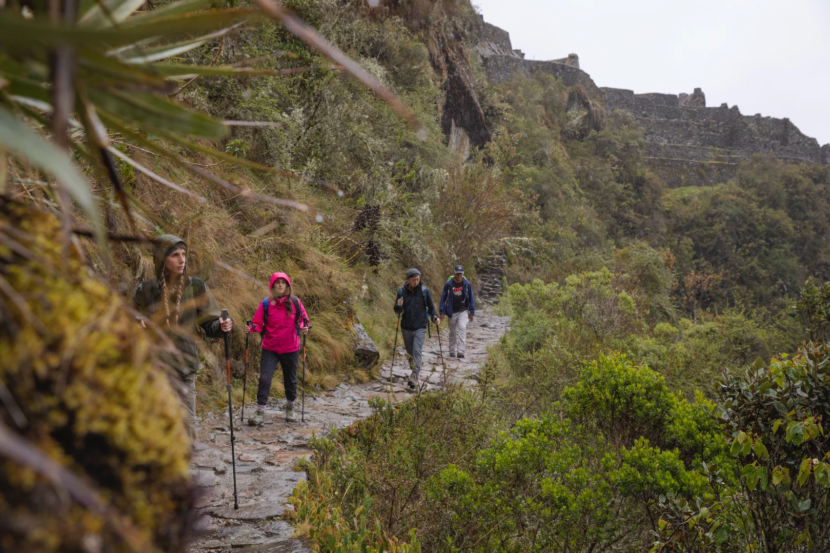 A group of hikers walks on the Inca Trail in Peru