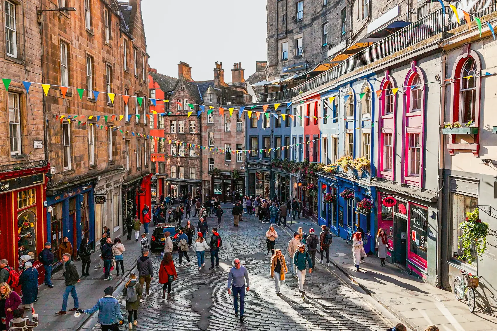 Edinburgh, Scotland Aerial view of the famous, colourful Victoria Street in the Old Town of Edinburgh, Scotland