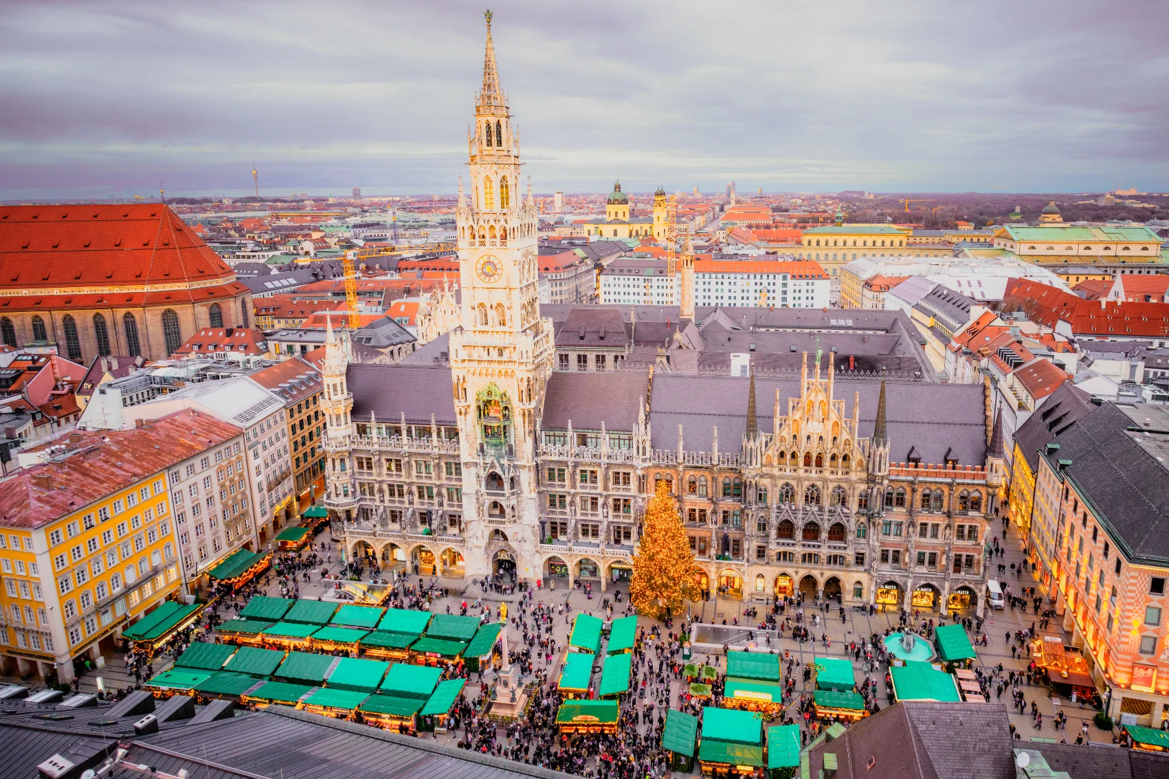 Bird's-eye view of the Christmas market at Marienplatz in Munich, Germany