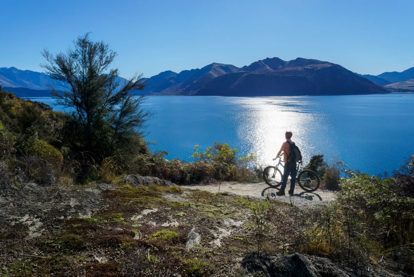 Man with a bike by a Queenstown lake