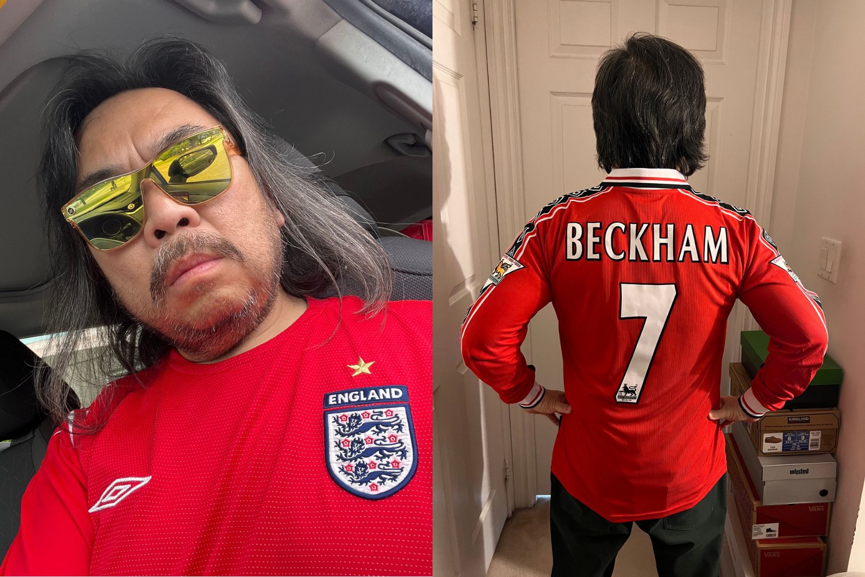 Mark Quioc from G Adventures posing for photographs in his England Beckham shirt