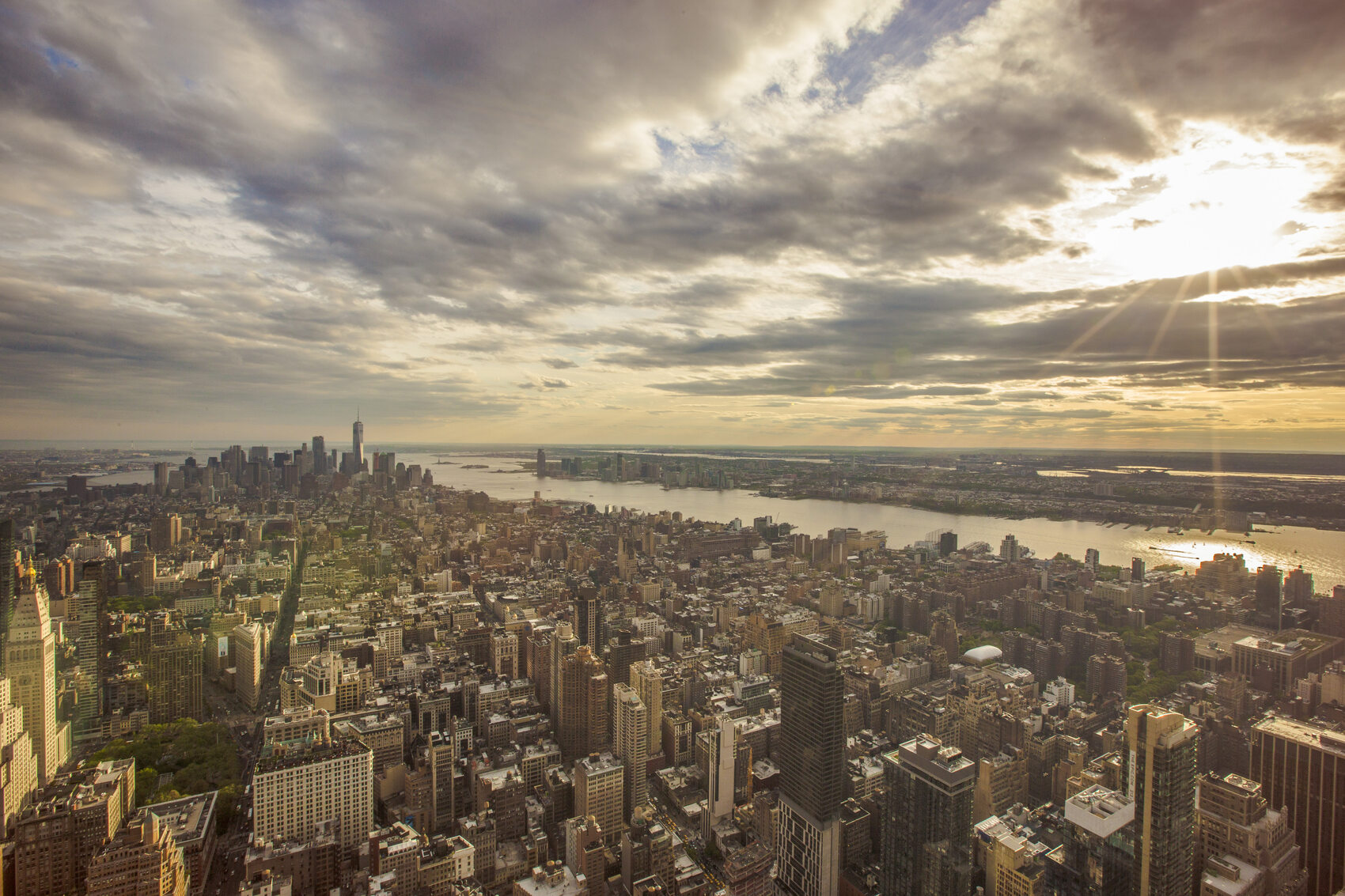 An aerial shot of New York City in the sunlight