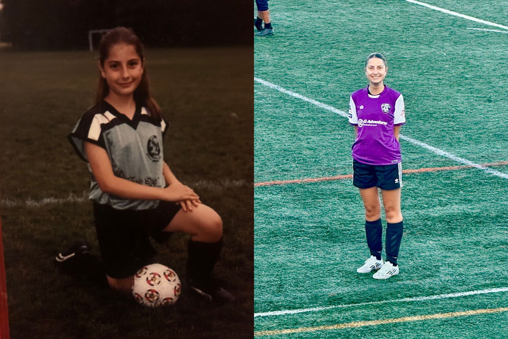 Rae Watt posing with a football as a kid in Canada