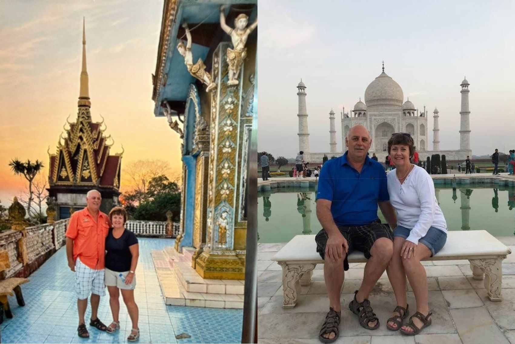 Judy and Blair a couple from Manitoba, Canada posing in front of the Taj Mahal and in Thailand