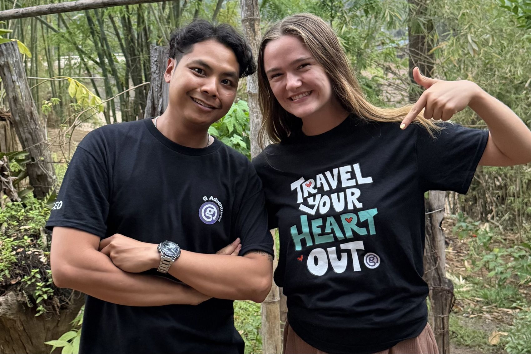 CEO Sonny Prarohittanont posing for a photograph with a fellow traveller in the jungles of Thailand