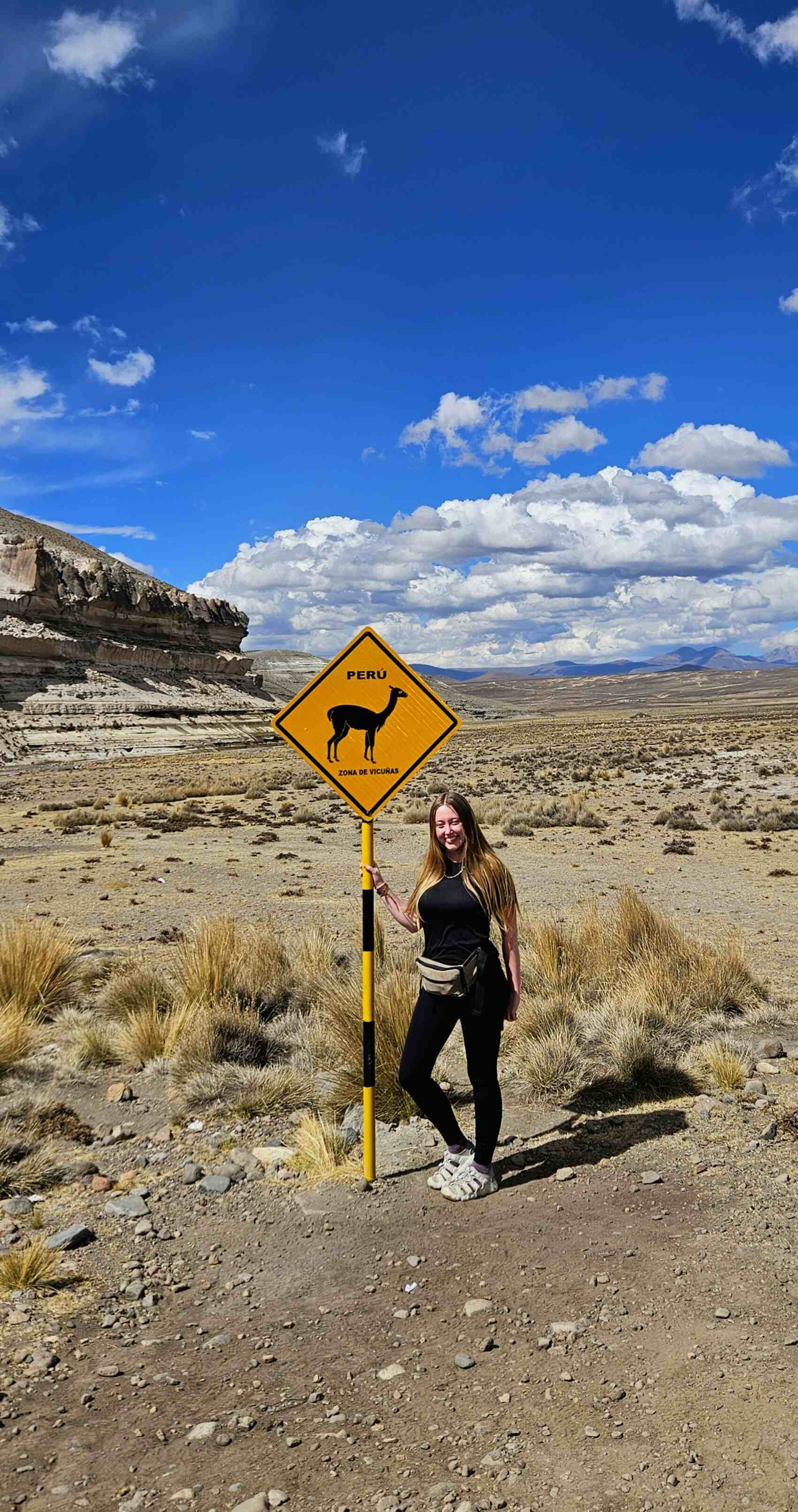 Traveller Milly from New Zealand posing in front of a llama sign