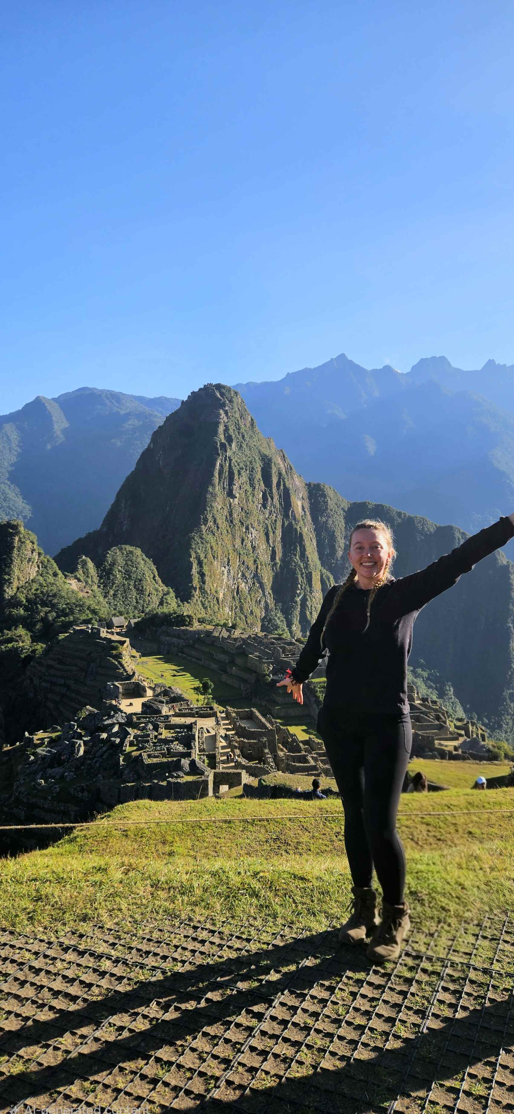 Traveller Milly from New Zealand posing in front of Machu Picchu in Peru
