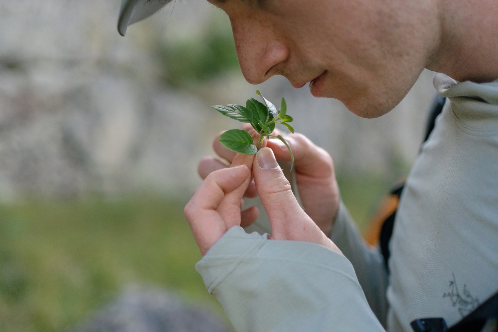 Stine’s husband David smelling mint in Peru