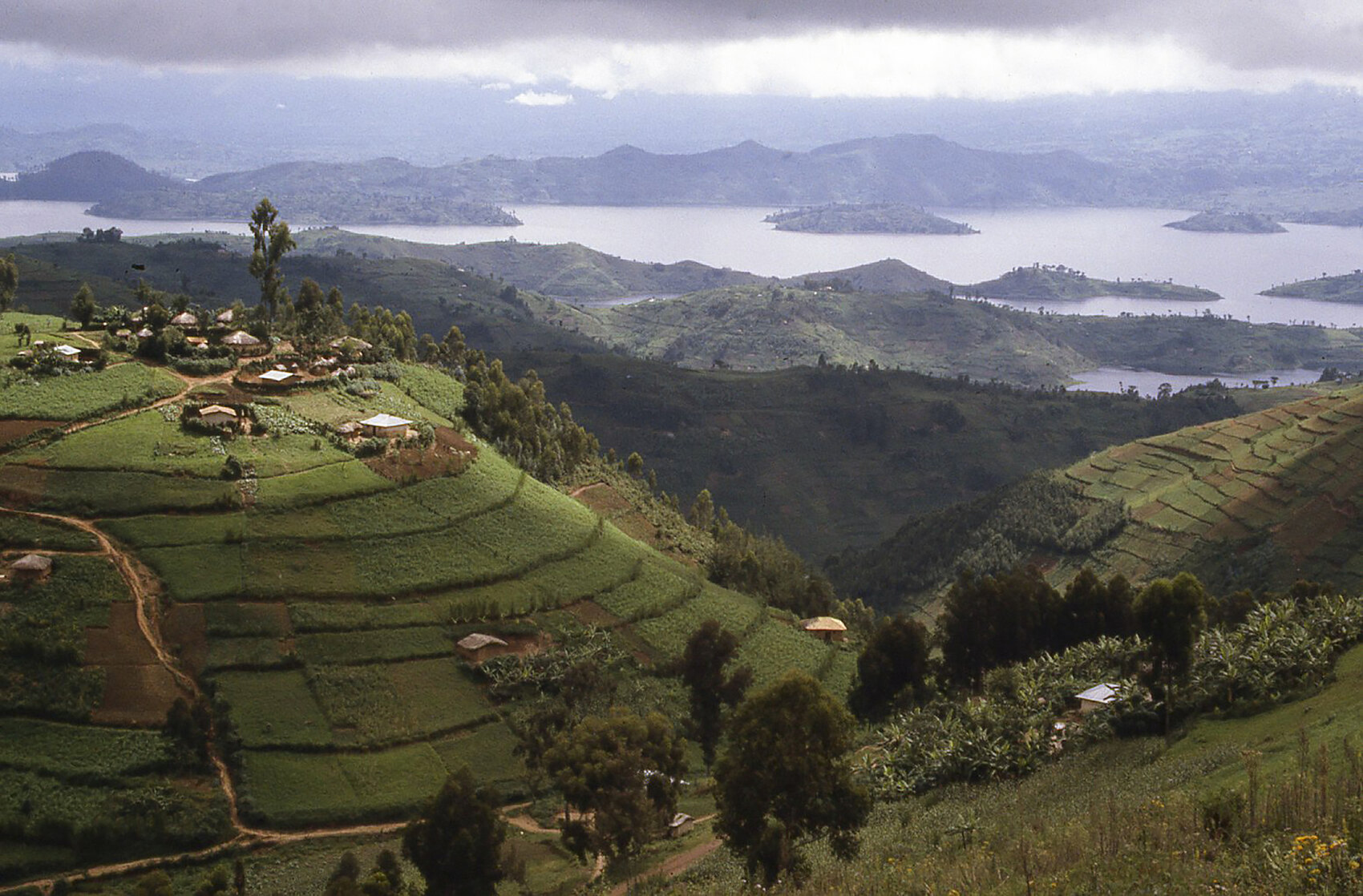 A hilltop village overlooking Lake Ruhondo in the Central Highlands of Rwanda