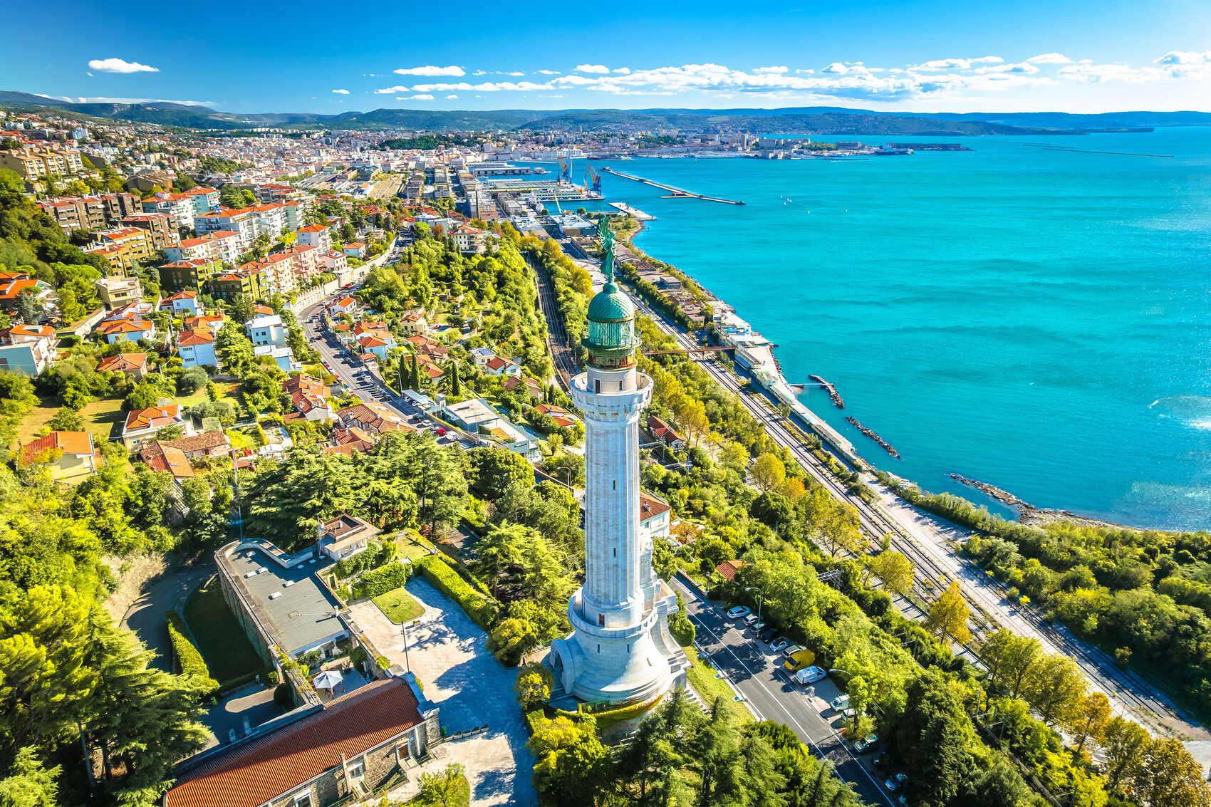 An aerial view of Trieste lighthouse and the city nearby &mdash; xbrchx