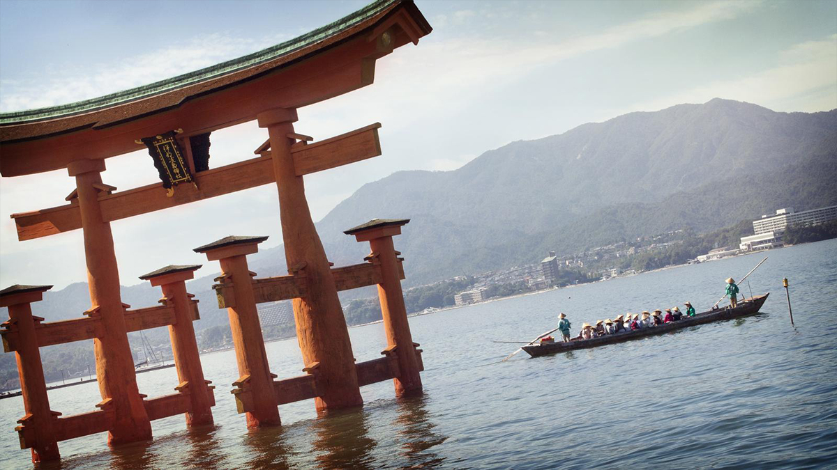 Itsukushima Shrine on the island of Miyajima, best known for its "floating" torii gate.