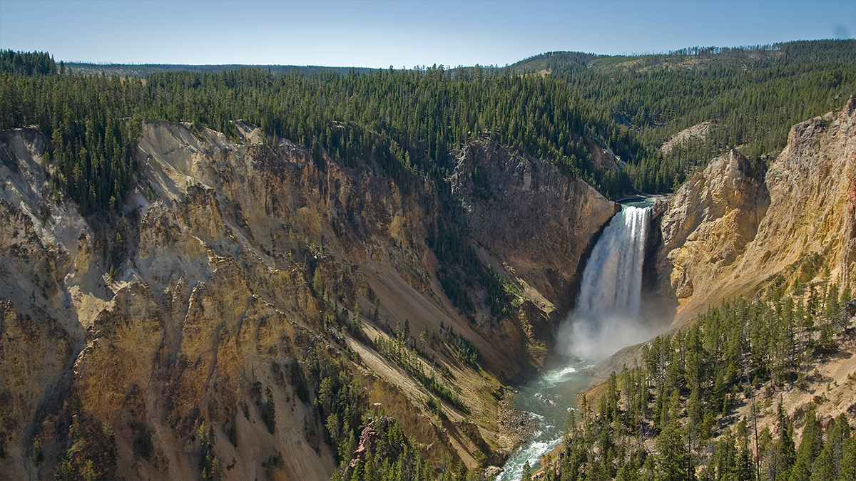 Lower Yellowstone Falls in Wyoming is the largest volume waterfall in the Rocky Mountains.