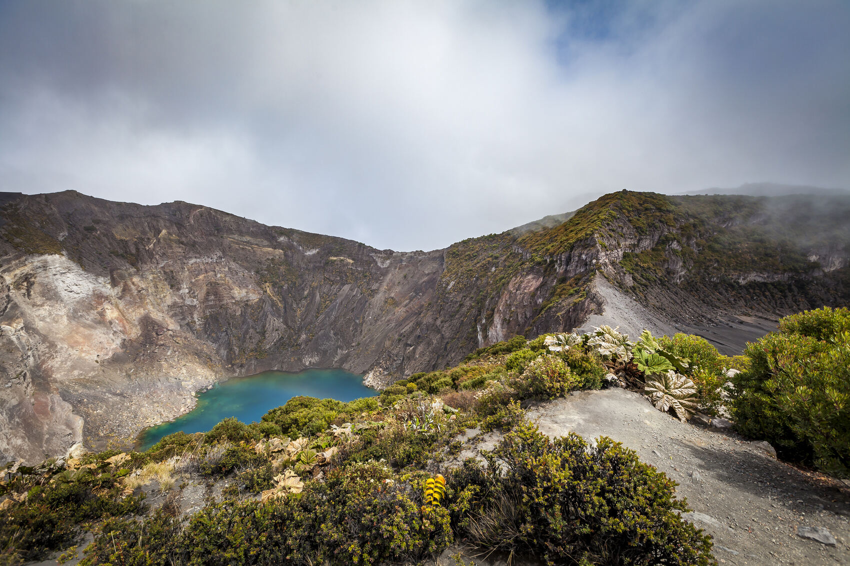 A view of the steaming Irazu Volcano Crater Lake in Costa Rica