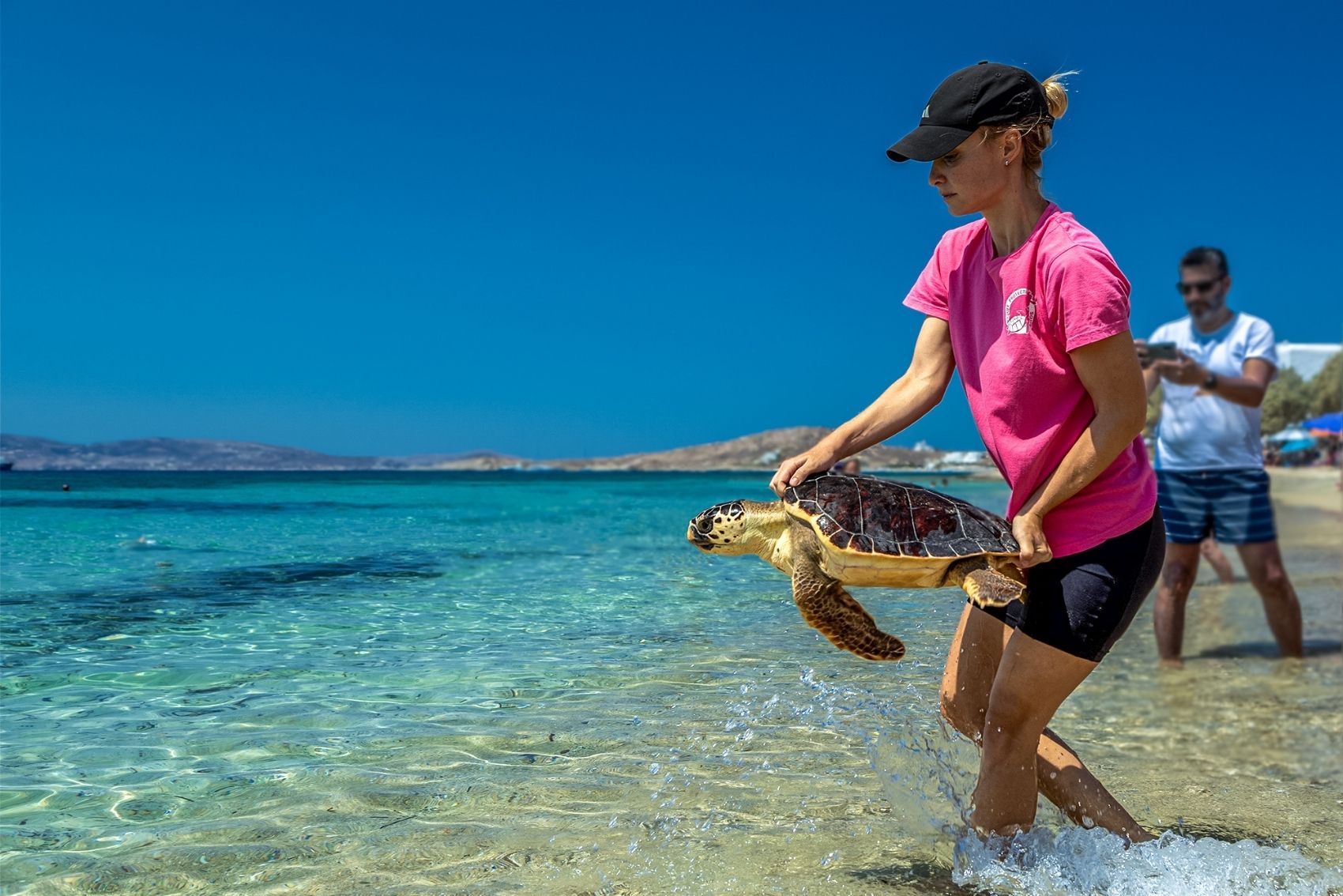 A lady in a cap releasing a loggerhead turtle back into the sea in Naxos, Greece