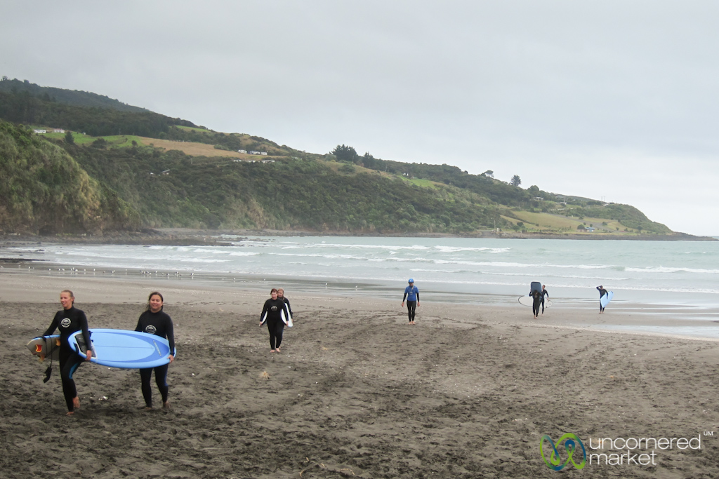 Our group after a surfing lesson and riding a few waves.