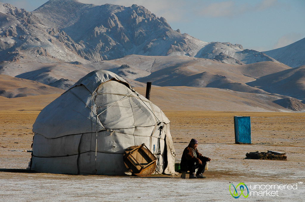 Morning tea outside the yurt at Song Kul Lake.