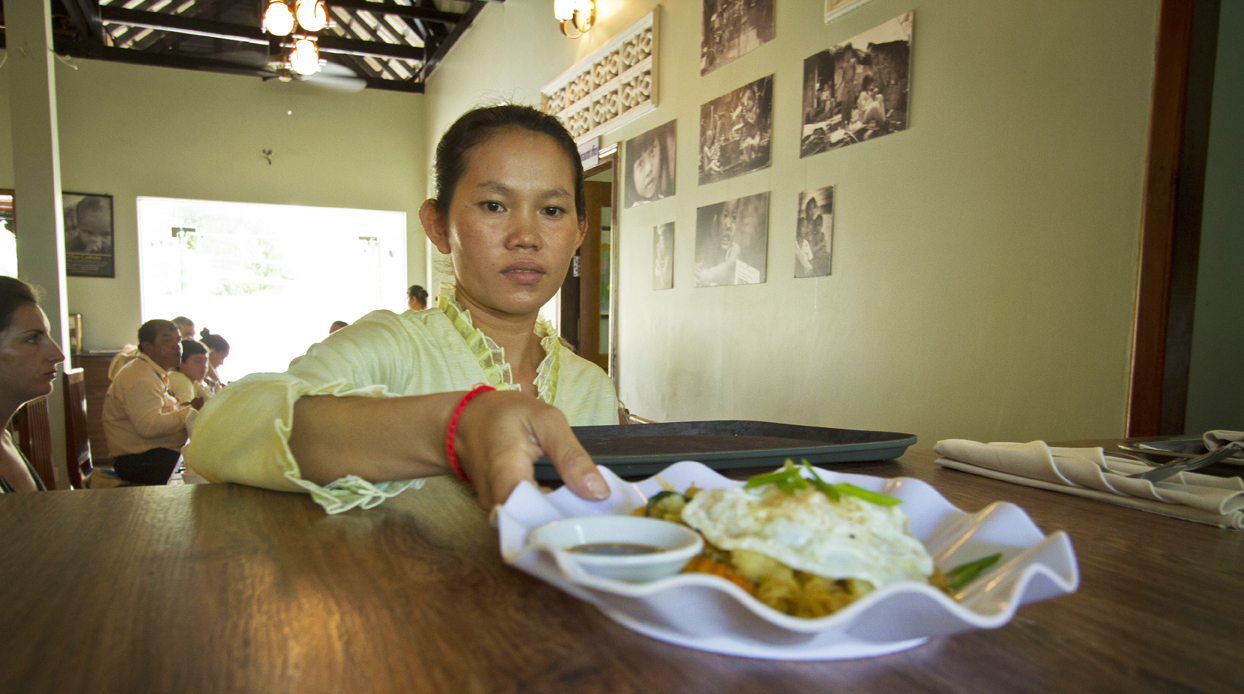 Enjoy a traditional meal of Khmer food at the New Hope Vocational Training Restaurant.