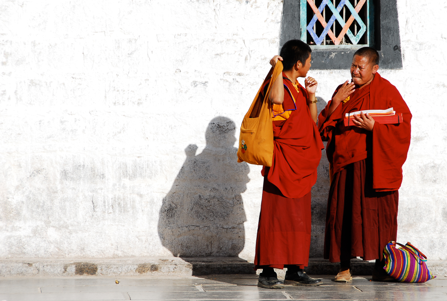 Two monks in traditional three-layered robes, which are known as 'Tricivara' in Sanskrit.