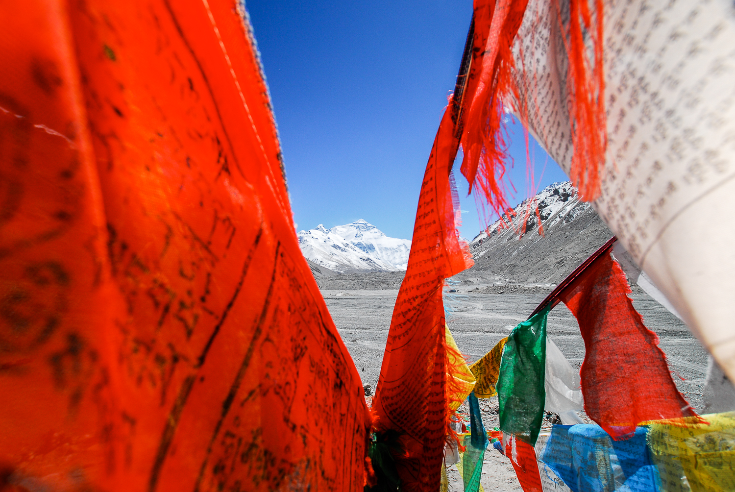 Colourful prayer flags fly at Everest Base Camp.